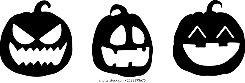 Pumpkin head set. Cute and scary Halloween pumpkin monster set. Holidays cartoon character in flat style collection.
