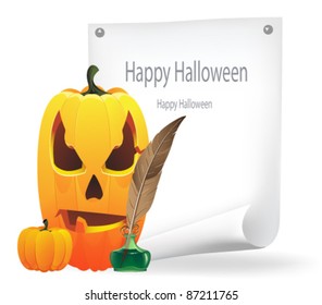 Pumpkin head, sheet of paper, feather and inkwell on a white background