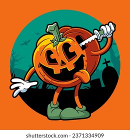 Pumpkin Head. Spooky Horror Cartoon Creature Character Illustration.