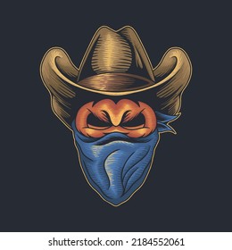 Pumpkin head wearing cowboy hat and mask on Halloween