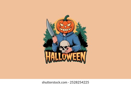 Pumpkin headed figure with a knife and skull, Halloween night