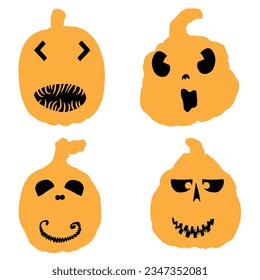 Pumpkin heads for Halloween emotions faces and spooky horror set. Halloween character design and pumpkins funny faces for carving and cut outs. Autumn holidays. Carved faces silhouettes. Vector.