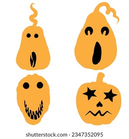 Pumpkin heads for Halloween emotions faces and spooky horror set. Halloween character design and pumpkins funny faces for carving and cut outs. Autumn holidays. Carved faces silhouettes. Vector.