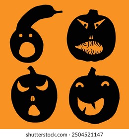 Pumpkin heads for Halloween emotions faces and spooky horror set. Halloween character design and pumpkins funny faces for carving and cut outs. Autumn holidays. Carved faces silhouettes. Vector.