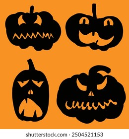 Pumpkin heads for Halloween emotions faces and spooky horror set. Halloween character design and pumpkins funny faces for carving and cut outs. Autumn holidays. Carved faces silhouettes. Vector.