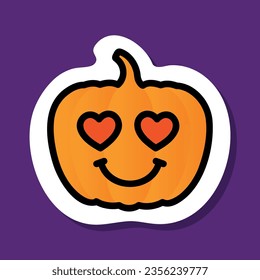 pumpkin heart eyes emoji sticker, cute pumpkin character in love, vector illustration