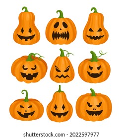 Pumpkin Helloween scary faces set, monster pumpkins, jack lantern for Halloween party