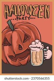 pumpkin holding beer glass for halloween beer party poster templae vector illustration