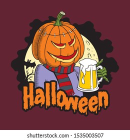 Pumpkin holding a beer mug. Halloween party invitation or poster design concept. 