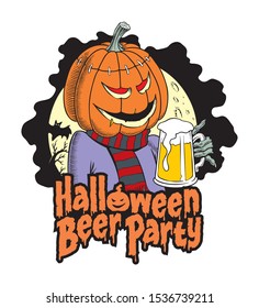 Pumpkin holding a beer mug. Halloween party invitation or poster design concept. 
