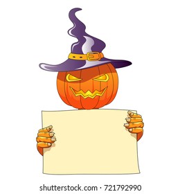 pumpkin holding blank banner. Vector illustration