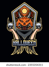 Pumpkin holding a devil skull suitable for halloween celebration isolated on dark background