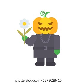 Pumpkin holding flower and smiles. Vector Illustration