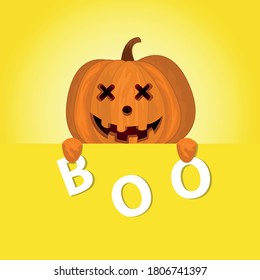 the pumpkin is holding the letters Boo. Happy Halloween. Scary pumpkins. Cute cartoon spooky character. Smiling face, hands. Greeting card. Flat design. Vector illustration