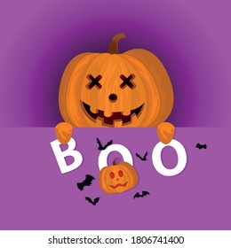 the pumpkin is holding the letters Boo. Happy Halloween. Scary pumpkins. Cute cartoon spooky character. Smiling face, hands. Greeting card. Flat design. Vector illustration