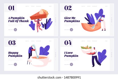 Pumpkin Home Food Menu Website Landing Page Set. Tiny Male and Female Characters Cooking and Eating Traditional Thanksgiving Day Pie, Porridge and Soup Web Page Banner Cartoon Flat Vector Illustration