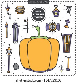 Pumpkin House elements. Cute Halloween graphic pack to help you create halloween designs, invitation, posters, candy bags, card, tags, gift wrapper and so much more!