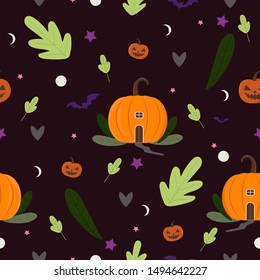 pumpkin house and halloween elements seamless pattern