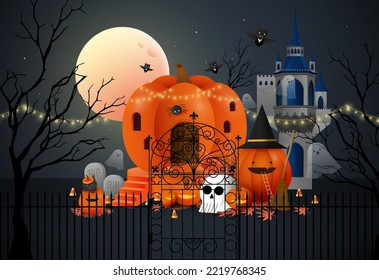 pumpkin house and haunted castle halloween greetings design template vector, illustration