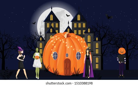 Pumpkin house with holiday dressed people in front. Castle, full moon, forest and bats on background. Halloween vector. Flat style