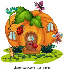 Pumpkin house with many bugs illustration