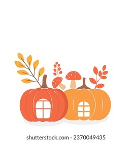 Pumpkin house, mushroom, red berry and Autumn branched on white background vector illustration.