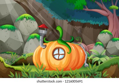 Pumpkin house in nature template illustration