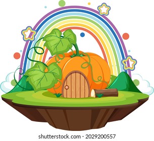 Pumpkin house on the cloud with rainbow illustration