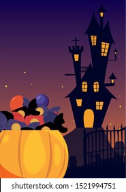 pumpkin with house of terror in scene of halloween vector illustration design