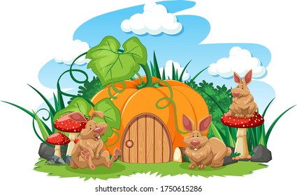 Pumpkin house with three rabbit cartoon style on white background illustration