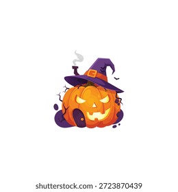 Pumpkin house vector art with witch hat on top. Great illustration for autumn season and halloween theme.
