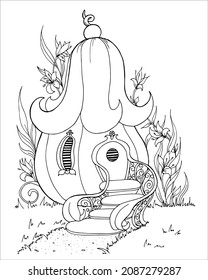 Pumpkin house in a wildflowers garden. Fabulous flowers home in the meadow. Linear drawing for kids in doodle style. Vector illustration for coloring pages or postcard.