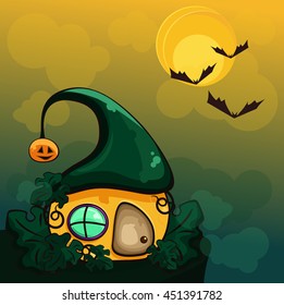 pumpkin house with window and door at night, Vector illustration of the Halloween character.