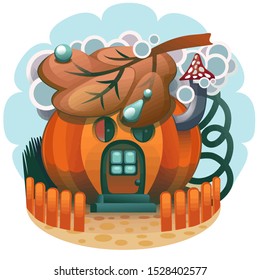 Pumpkin house with windows, porch with yard and fence. Vector illustration.