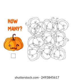 Pumpkin. How many. Count how many objects are hidden in the picture. How many objects are in the picture? Vector illustration