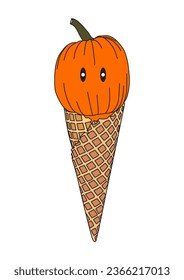 Pumpkin ice cream cartoon illustration. Jack o lantern ice cream icon. Halloween gelato drink design for kids