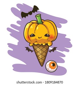 Pumpkin ice cream with waffle cone, jelly, bat and eyes on purple background. Bright cute cartoon character style. Vector illustration.