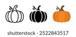 Pumpkin icon. Autumn vegetable symbol. Thanksgiving pumpkin vector illustration. Orange Halloween decoration concept. October gourd outline and flat sign isolated.