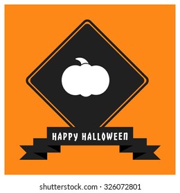 Pumpkin icon, Black Happy Halloween Ribbon Banner on Orange background. Vector illustration