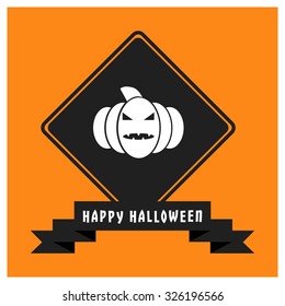 Pumpkin icon. Black Happy Halloween Ribbon Banner on Orange background. Vector illustration