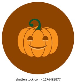 Pumpkin icon with carved muzzle on a round brown background, vector, 10 EPS
