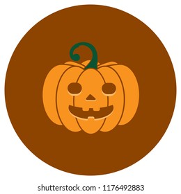 Pumpkin icon with carved muzzle on a round brown background, vector, 10 EPS