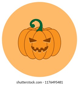 Pumpkin icon with carved muzzle on a round beige background, vector, 10 EPS
