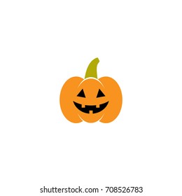 Pumpkin Icon with green stem and evil face. Orange gourd label. Halloween sticker isolated on white. Vector illustration. Autumn harvest clip art. Jack O Lantern.