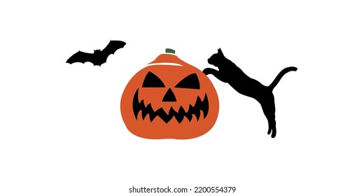 Pumpkin icon for Halloween. Halloween icon. Simple, even in color. The bat and the cat are black.