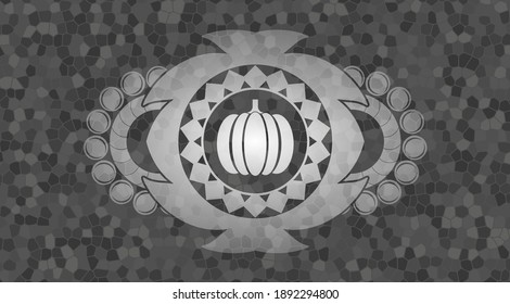 pumpkin icon inside emblem on grey color stone wall, handsome rock background. Illustration. 