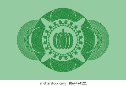 Kürbissymbol im grünen Schlaganfall realistisches Schild. Eco-klassischer Hintergrund. Vektorgrafik. 