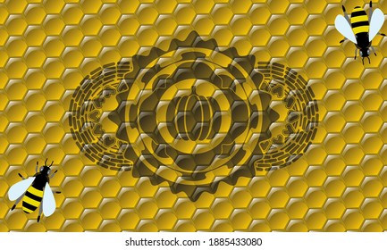 pumpkin icon inside sweet honey bees badge. beekeeping fashionable background. Intense illustration. 