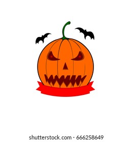 Pumpkin icon, Jack O Lantern with red ribbon, logo design template, vector illustration