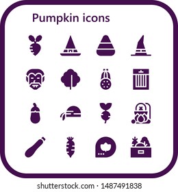 pumpkin icon set. 16 filled pumpkin icons.  Collection Of - Turnip, Witch, Candy corn, Dracula, Lettuce, Courgette, Treats, Aubergine, Pirate scarf, Cauldron, Radish, Fall, Vegetables